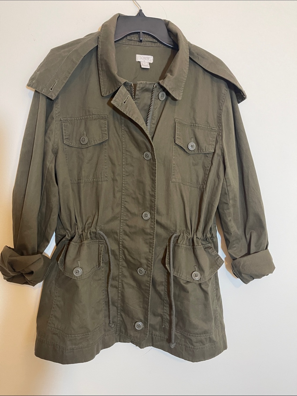 J. Crew Olive Green Utility Jacket with Drawstring Waist with removable hood XL